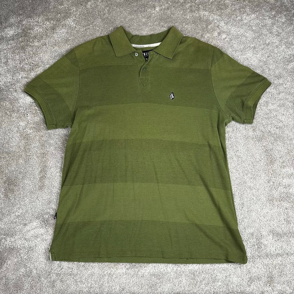 Volcom Size L Olive Green Textured Stripe Pique Polo Stone Logo Y2K Skate